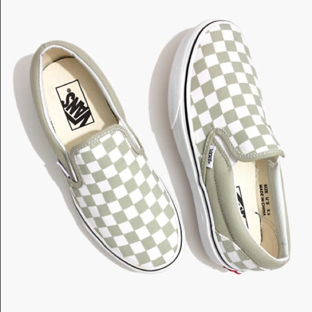 sage green checkered slip on vans size 7.5 women’s